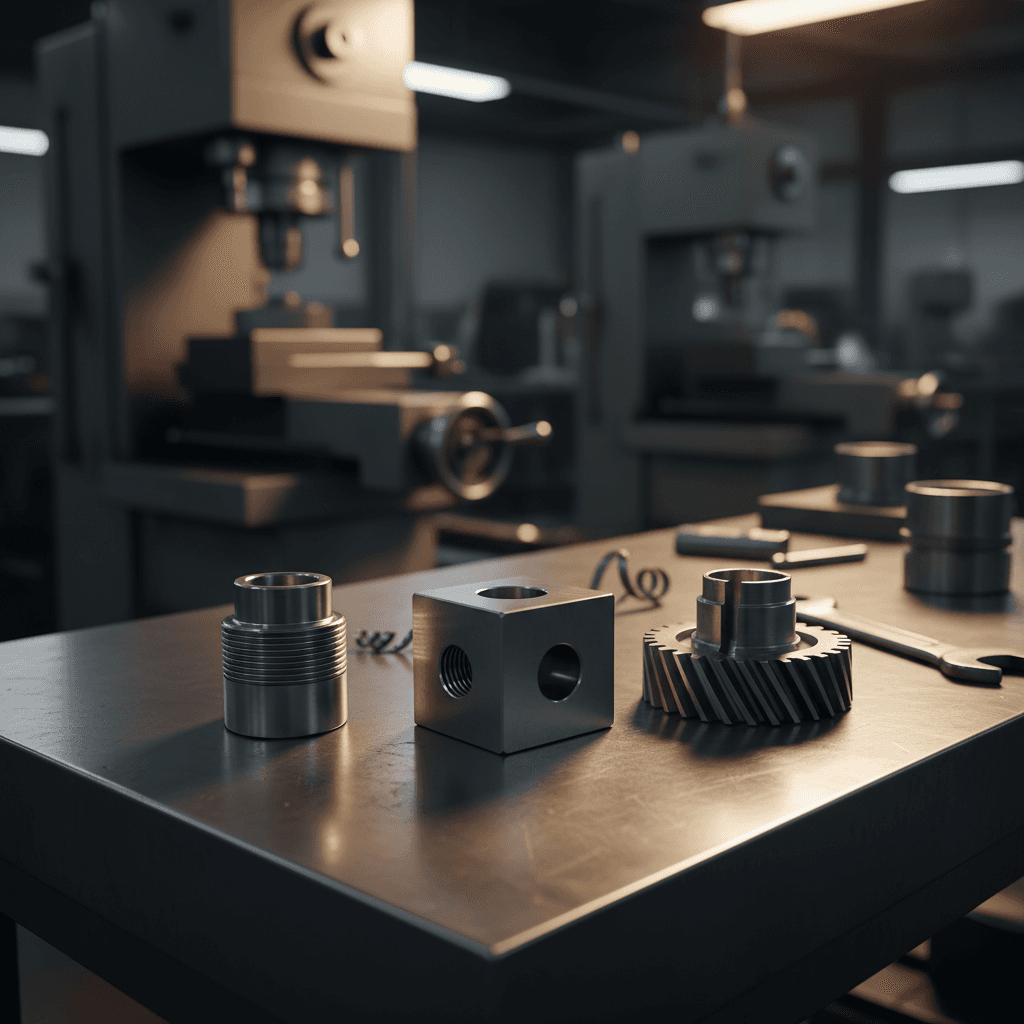 Precision metal components on workbench
