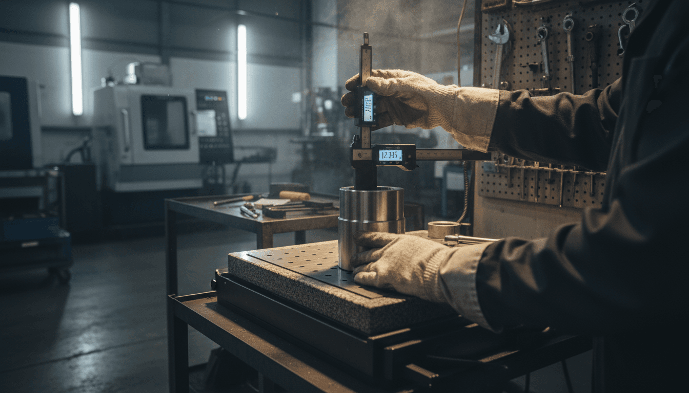Precision measurement of machined metal component at manufacturing workstation