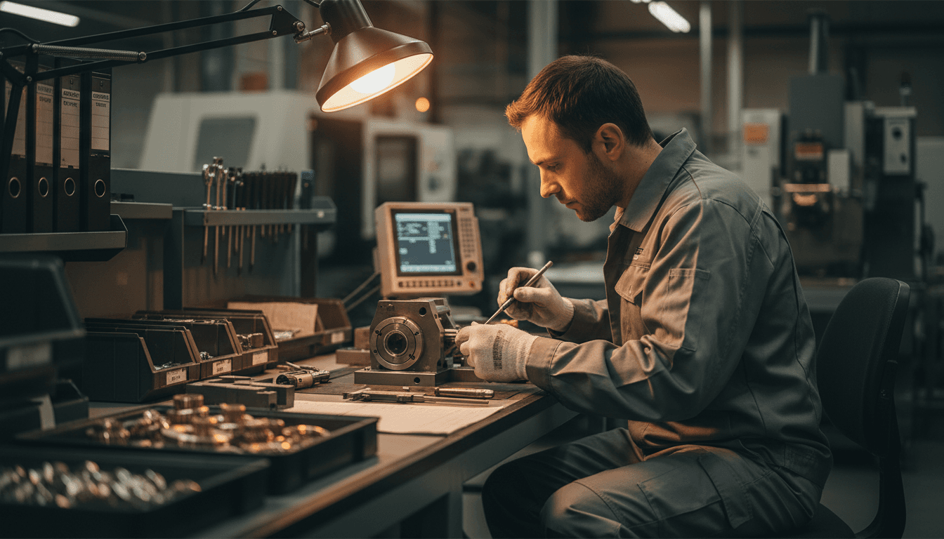 Precision manufacturing workstation in Fillmore with skilled technician performing detailed component assembly